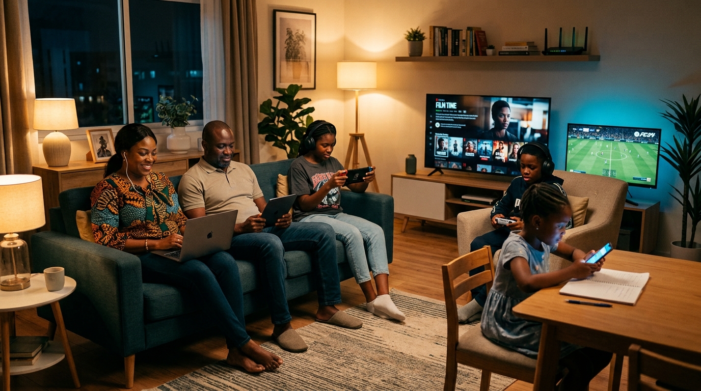Family using multiple devices on one home internet connection